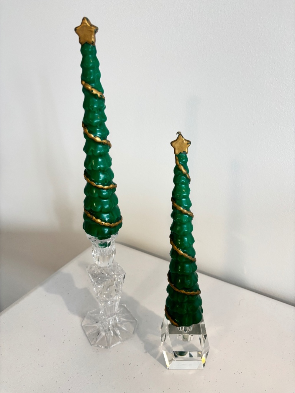 Vintage green Christmas tree taper candles w/spiral garland accents star toppers